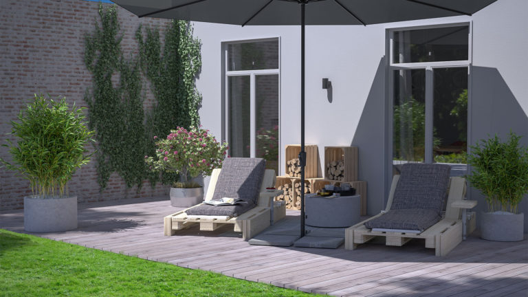 3D Rendering Terasse mit Liegen und Sonnenschirm